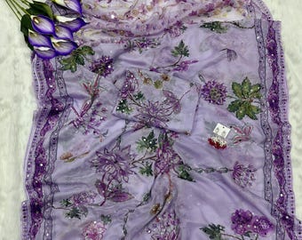 Lavender Tabby Silk Saree: Floral Digital Print, embroidery and Sequins, real Mirror Work