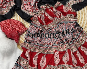 Soft Crepe Silk Saree: Ajrakh Print with Zari & Mirror Work, Festival wear with Blouse