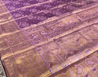 Kanjivaram Semi Silk Saree: Golden Zari Weave, Handmade Lace Border