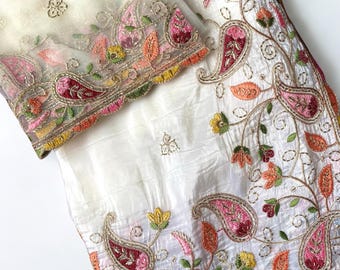 Pure Crushed Silk Saree: Floral Embroidery, Handwork Blouse – Wedding, Festive and Party Wear
