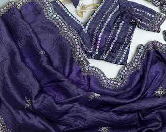 Sari bordado com lantejoulas: trabalho de lantejoulas redondas de designer – roupas indianas para casamento e festa