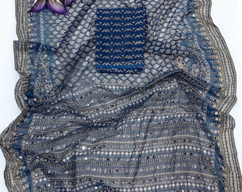 Georgette Saree: handwerk met motief en gespiegelde rand, digitaal bedrukt, feestkleding