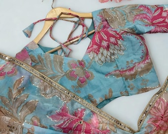 Tebby Silk Saree: Digital Floral Print, Embroidery & Mirror Work, Bollywood Style
