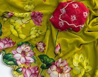 Georgette Saree: lotusbloemenprint, handborduurwerk Cutdana en parel, designer feestkleding met blouse