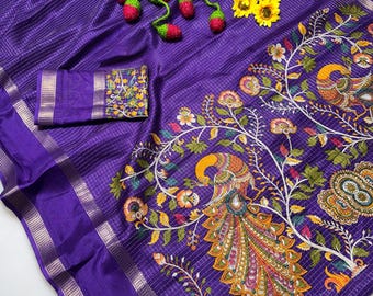 Mysore Silk Saree: tweekleurig geweven, artistieke pallu- en designerblouse met pauwenprint
