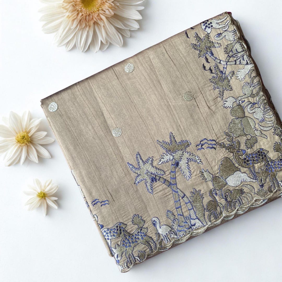 Tussore Pure Tussar Silk Saree: Handloom Texture, Embroidered Border Work ...