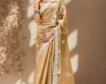 Saree in chiffon dorato scintillante: abito da sposa ricamato – camicetta non cucita