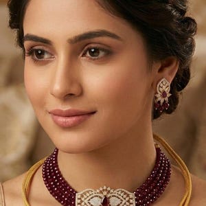Royal Maroon Beaded Choker Necklace Set with Matching Earrings | Indian Wedding Jewelry for Bridesmaids | Festive CZ Kundan Choker