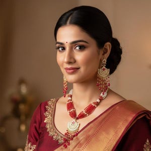 Peut inclure: Une femme porte un sari bordeaux et des bijoux assortis. Les bijoux comprennent un collier de perles avec un pendentif et des boucles d'oreilles assorties. Le sari a une broderie dorée sur les manches et une bordure dorée.