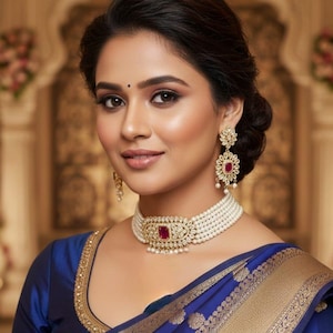 Puede incluir: Una mujer con un sari azul con adornos dorados y un collar de perlas con una piedra roja en el centro. También lleva pendientes a juego. El fondo es de un color dorado suave y borroso.