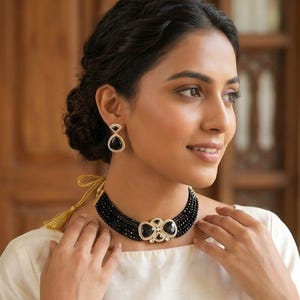 Black Beaded Choker Necklace Set,  Bridal Jewelry, Multi Strand Black Necklace, Indian Wedding Choker, Black Stone Necklace with Earrings