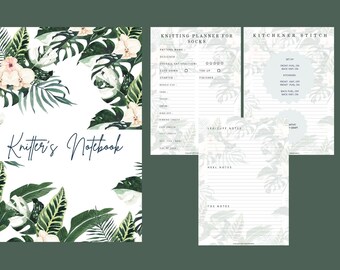 Planificador de tejido en PDF imprimible y grabable. Mejor diario de tejido digital. Libro de punto y diario. Regalo para tejedoras Diseño Hojas Tropicales