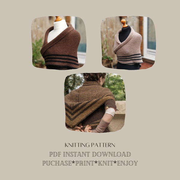 Outlander themed hand-knitted brown shawl PDF knitting pattern . Instant download for garter stitch triangle shawl for beginners. Sassenach