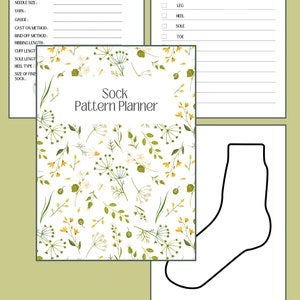 May include: A printable sock knitting pattern planner with a floral design. The planner includes sections for pattern name, cuff down, toe up, date started, date finished, needle size, yarn, gauge, cast-on method, bind-off method, ribbing length, cuff length, sole length, heel type, size of finished sock, and a knitting checklist.