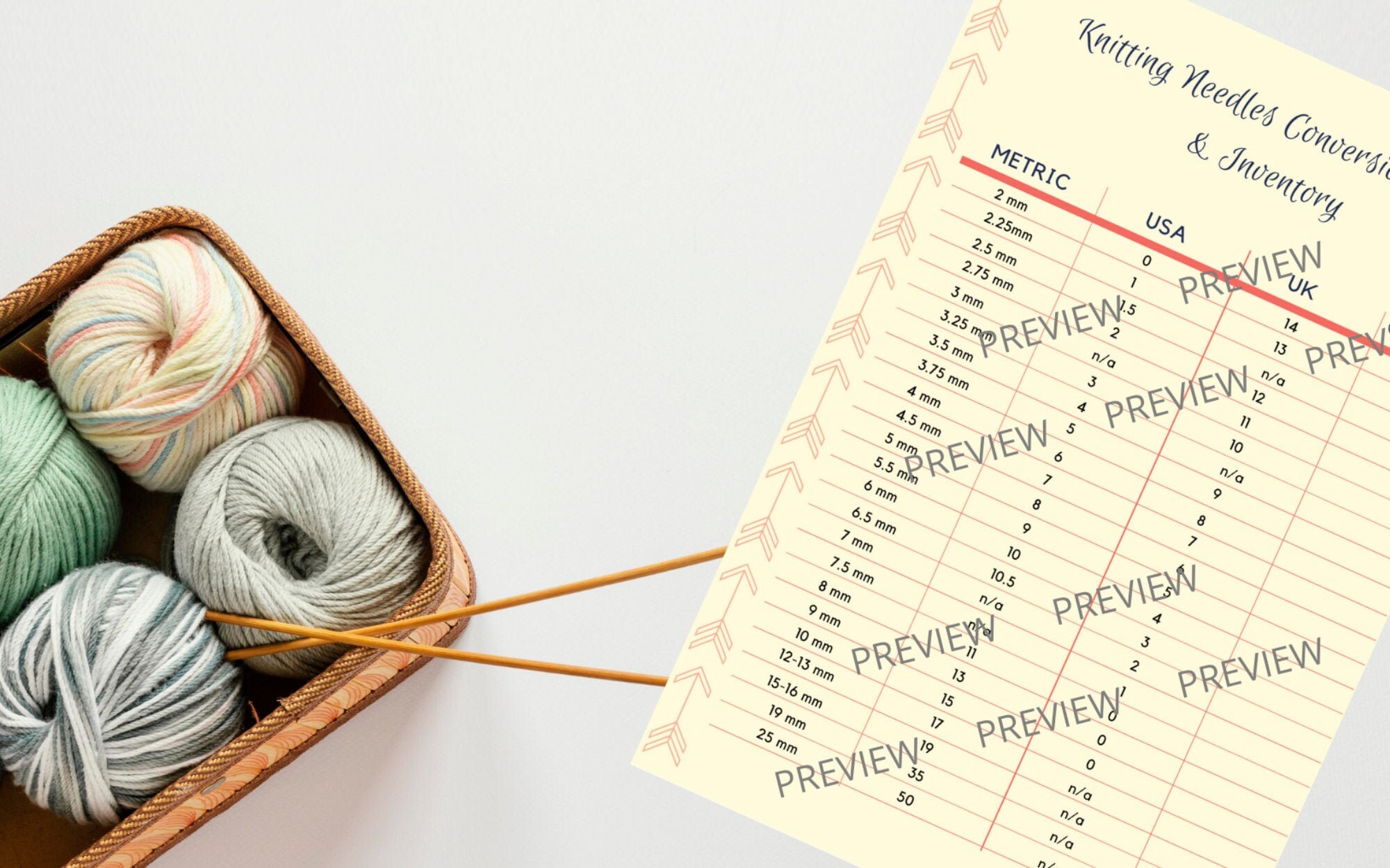 Printable and Fillable Knitting Needles Conversion Chart and Etsy UK