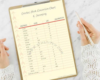 Printable and fillable crochet hooks conversion chart and inventory. PDF file. Instant download.