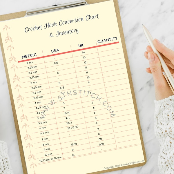 Printable and fillable crochet hooks conversion chart and inventory. PDF file. Instant download.