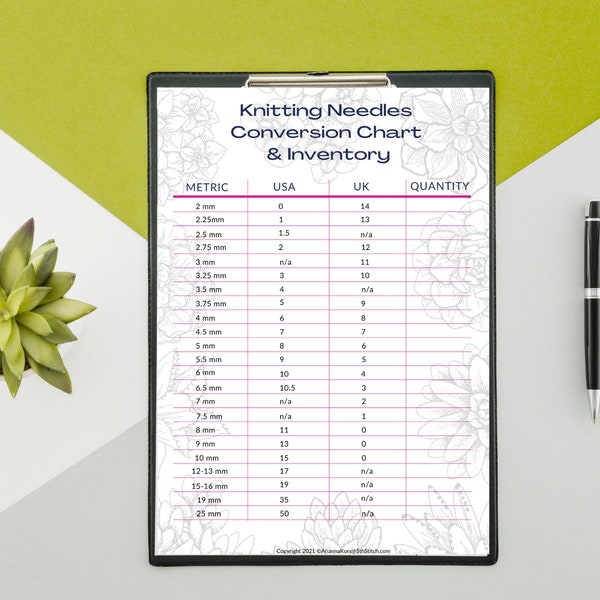 Printable and fillable knitting needles conversion chart and inventory. PDF file. Instant download. Succulent design Christmas gift