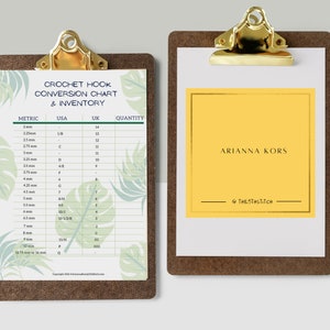 Printable and fillable crochet hooks conversion chart and inventory. PDF file. Instant download. Tropical plant leaves design.