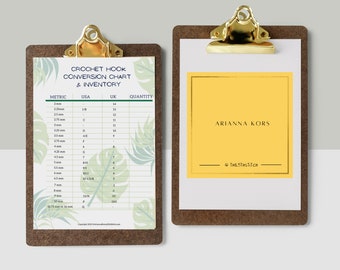 Printable and fillable crochet hooks conversion chart and inventory. PDF file. Instant download. Tropical plant leaves design.