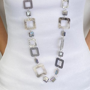 Geometric Square Link Necklace, Black and Gray Statement Necklace, Modern Resin Jewelry for Women, Chunky Lightweight Gift Accessory