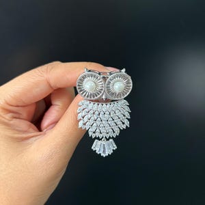 Elegant Owl Brooch with Pearl Eyes & CZ Crystals – Silver Statement Pin - Wedding Accessory