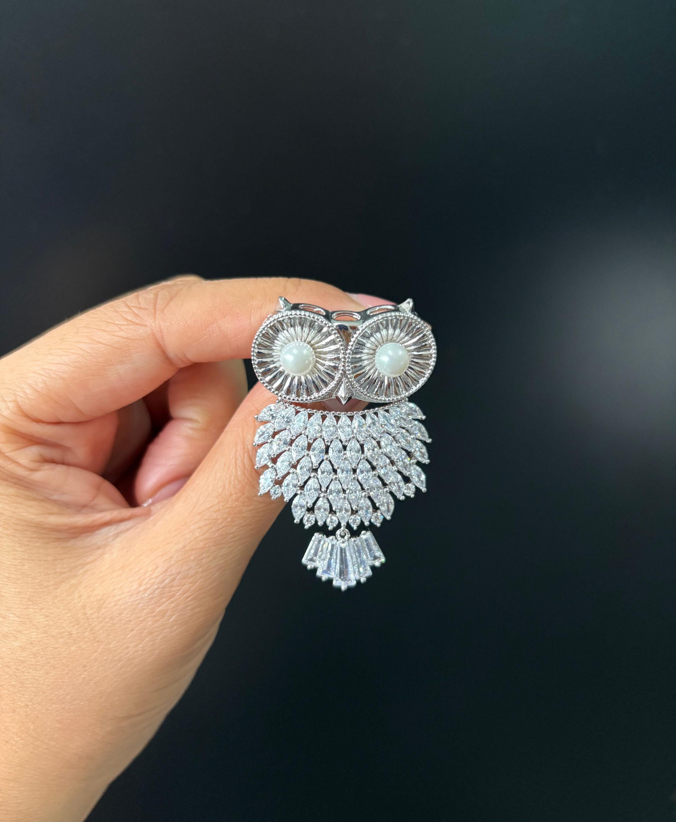 Elegant Owl Brooch with Pearl Eyes & CZ Crystals &ndash; Silver Statement Pin - Wedding Accessor
