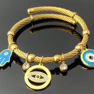 Gold Evil Eye Charm Bracelet with Hamsa Hand & Crystals – Protection Jewelry, Dainty Stackable Bracelet for Women