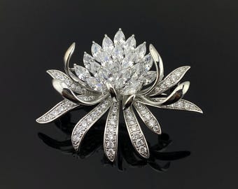 Silver Rhinestone Crystal Flower Statement Brooch - Silver Floral Pin Hot Pink Rhinestone Flower Brooch | Crystal Statement Pin  main image 2
