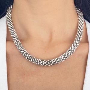 Può includere: Una collana tubolare color argento caratterizzata da una superficie a maglia densa e testurizzata, ricoperta da numerosi piccoli cristalli chiari e riflettenti. La collana ha un design arrotondato e flessibile che aderisce al collo.