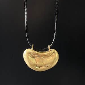 Handcrafted Organic Gold Bean Pendant on Black Cord -Minimalist Modern Necklace
