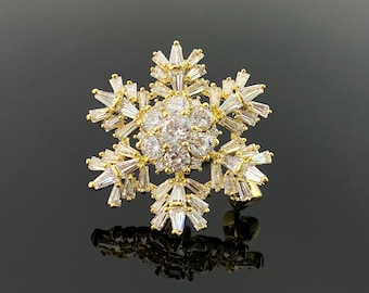 Gold Tone Crystal Snowflake Brooch - Winter Holiday Pin
