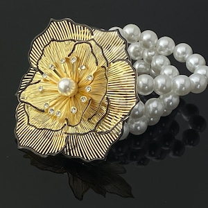 Gold Flower Pearl Bracelet, Statement Floral Cuff with Rhinestones, Elegant Fashion Jewelry Gift for Women