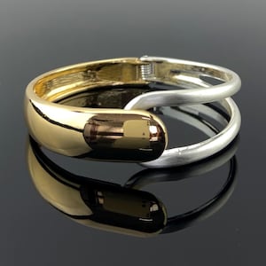 Two Tone Open Hinge Bangle Bracelet, Split Band Cuff Bracelet  - Gold/Silver