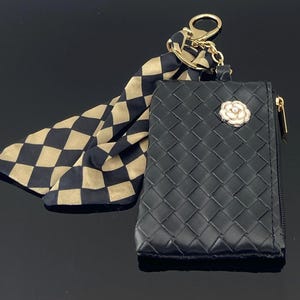 Woven Wallet Keychain with Scarf – Black Coin Holder with Gold Hardware & Flower Accent | Chic Gift for Her