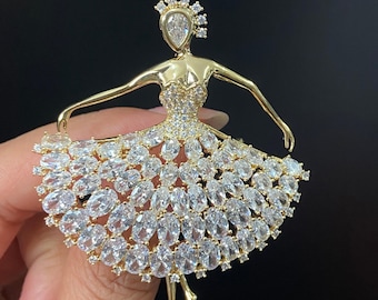 Gold Ballerina Brooch: CZ Crystal Dancer Pin - Elegant Ballet Gift