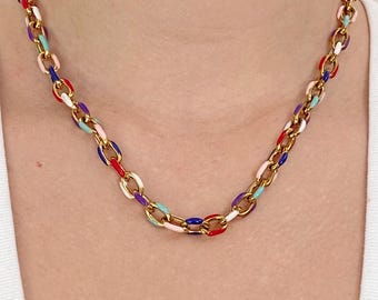 カラフルなエナメルリップチェーンネックレス：18Kゴールドメッキ 