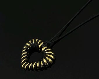 Gold Tone Spiral Heart Pendant: Edgy Black Cord Necklace