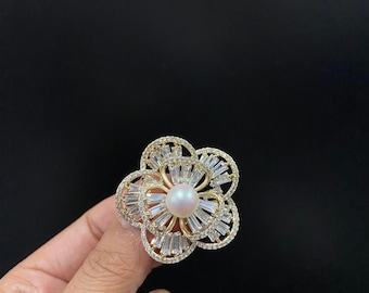 Gold Crystal Flower Brooch with Pearl - Pin for Women - Silver Brooch - Wedding Accessory