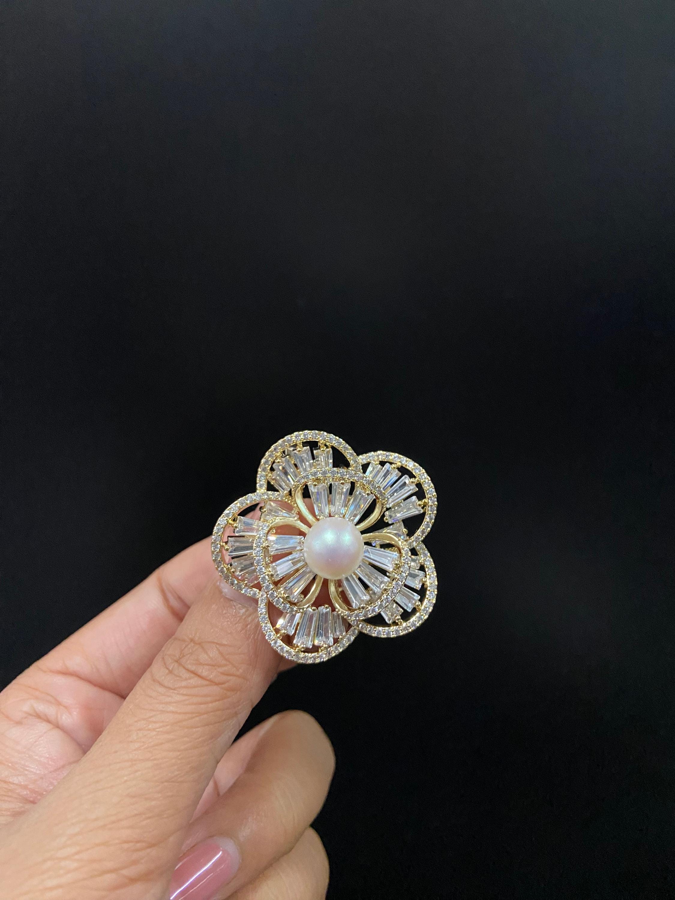 Gold Crystal Flower Brooch With Pearl - Pin for Women - Silver