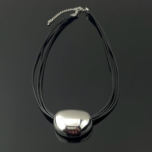 Silver Bean Pendant Necklace – Chunky Minimalist Statement Jewelry – Adjustable Multi-Cord Necklace for Women