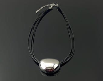 Silver Bean Pendant Necklace – Chunky Minimalist Statement Jewelry – Adjustable Multi-Cord Necklace for Women