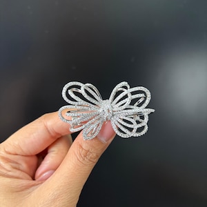 Elegant Cubic Zirconia Bow Brooch - Rhinestone Flatback Crystal Pin - Silver Brooch - Wedding Accessory