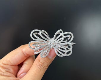 Elegant Cubic Zirconia Bow Brooch - Rhinestone Flatback Crystal Pin - Silver Brooch - Wedding Accessory