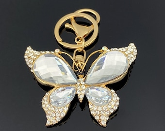Crystal Butterfly Keychain: Rhinestone Inlay, Gold Tone Purse Charm
