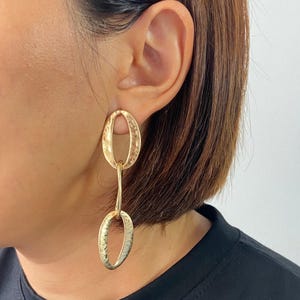 Gold Hammered Oval Link Earrings: Long Dangle Statement Jewelry