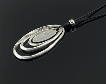 Silver Layered Oval Pendant Necklace, Black Cord Necklace, Boho Everyday Necklace, Gift for Her