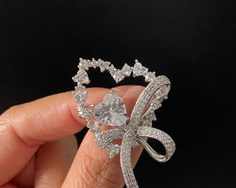 Silver Heart Bow Rhinestone Brooch, Sparkly Crystal Pin