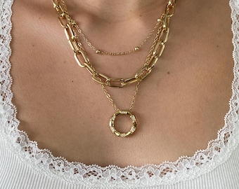 Collar de cadena gruesa de oro en capas – Colgante circular llamativo – Joyería de moda vanguardista para mujer