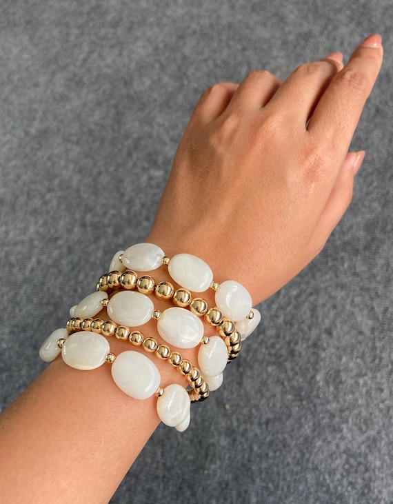 Beaded White and Gold Cuff Bracelet & Hoop Earring Set Pink Panache | Set of Three | Gold Tone Tube Bracelets with  main image 4